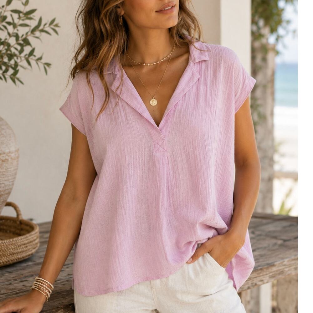 BeachLunchLounge Pink Cotton Gauze Popover Top Cap Sleeve Hi Low Hem XS NWT